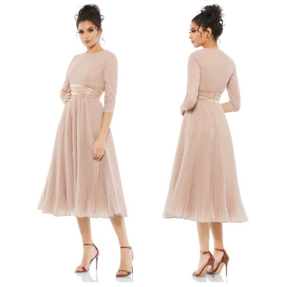 Mac Duggal Rose Gold Metallic Pleated A-Line Midi Cocktail Dress Size 16 - Picture 1 of 9